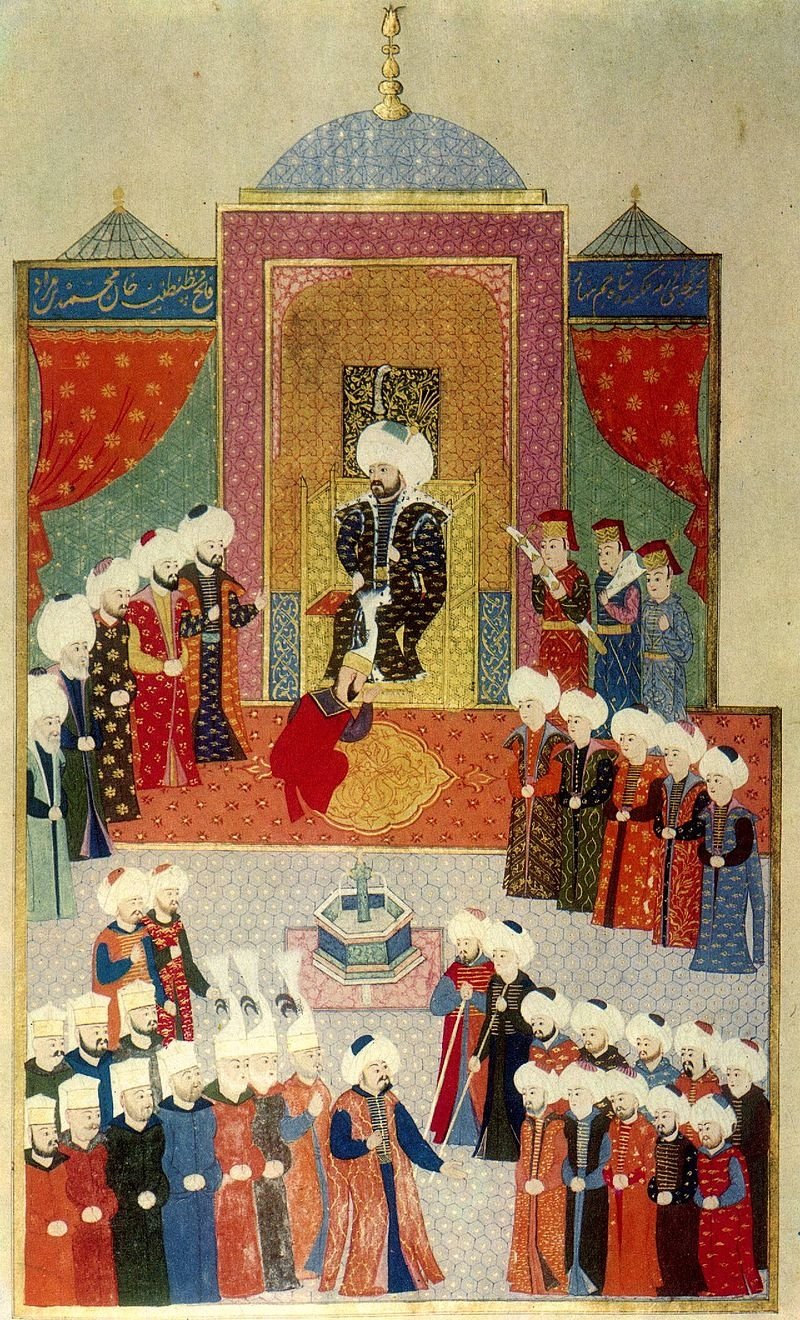 Miniature depicting accession of Mehmed II to the throne in Edirne in 1451.