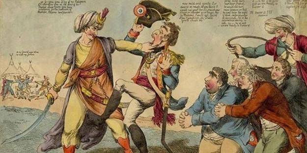 Cezzar Ahmed Paşa ile Napolyon'u tasvir eden bir karikatür