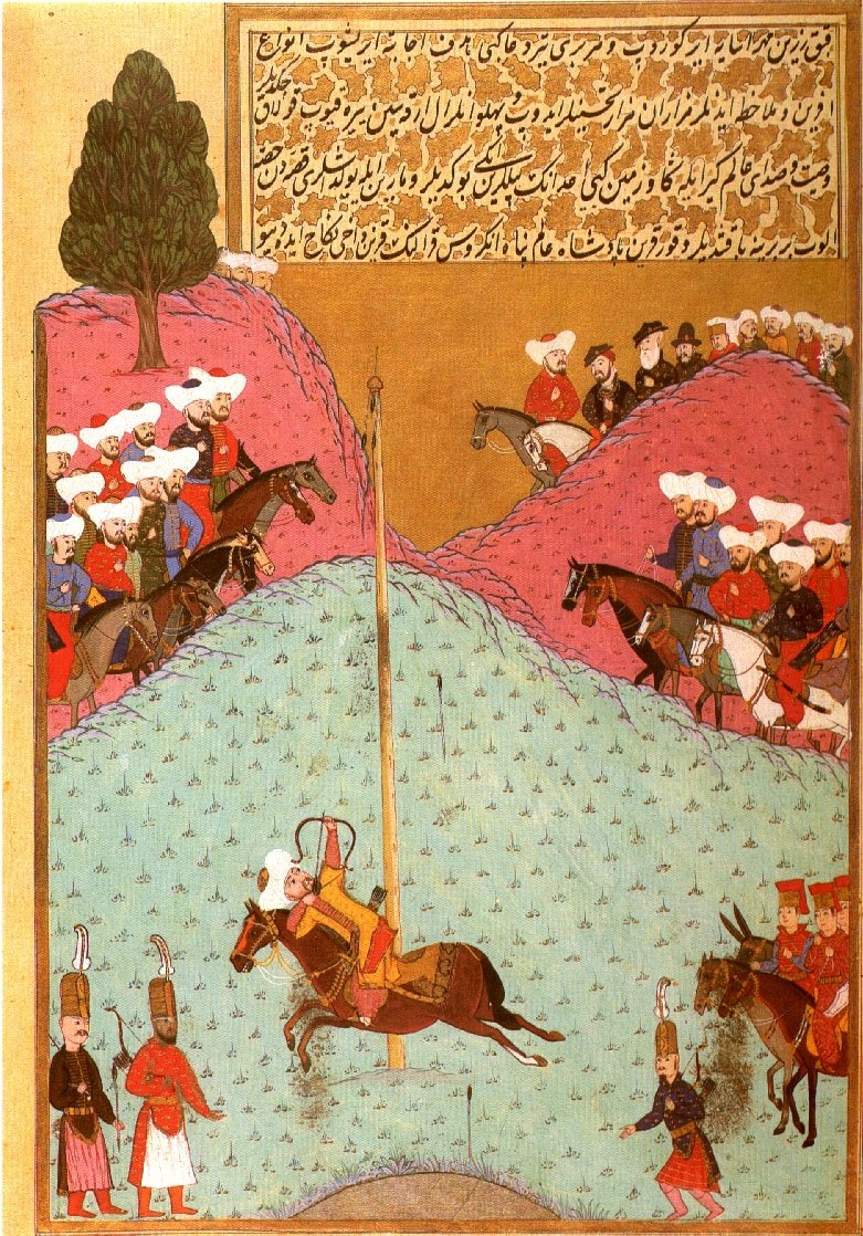 An Ottoman miniature Sultan Murad II at archery practice.