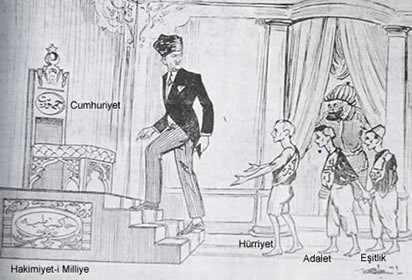 Karagöz mizah mecmuasında cumhuriyetin ilanına dair karikatür