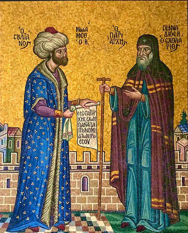 Sultan Mehmed II with patriarch Gennadius II depicted on an 18th-century mosaic.