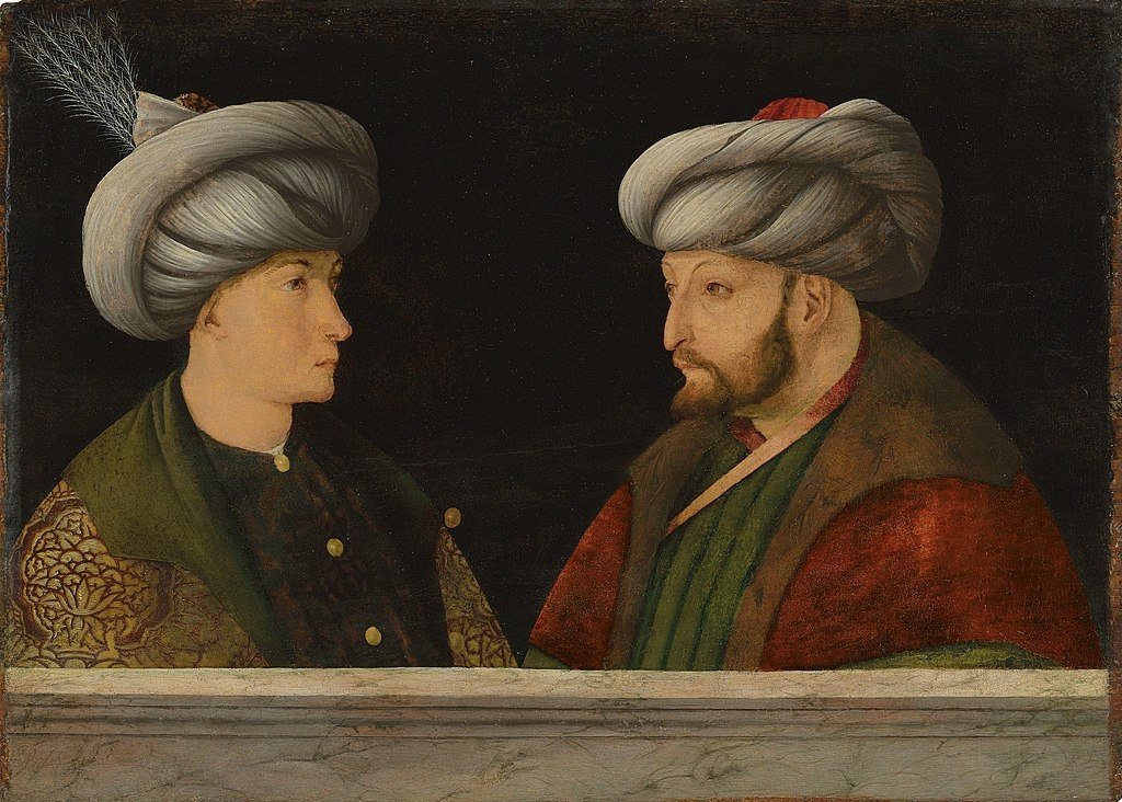 A portrait of Mehmed II with an unknown person believed to be his son, Cem.