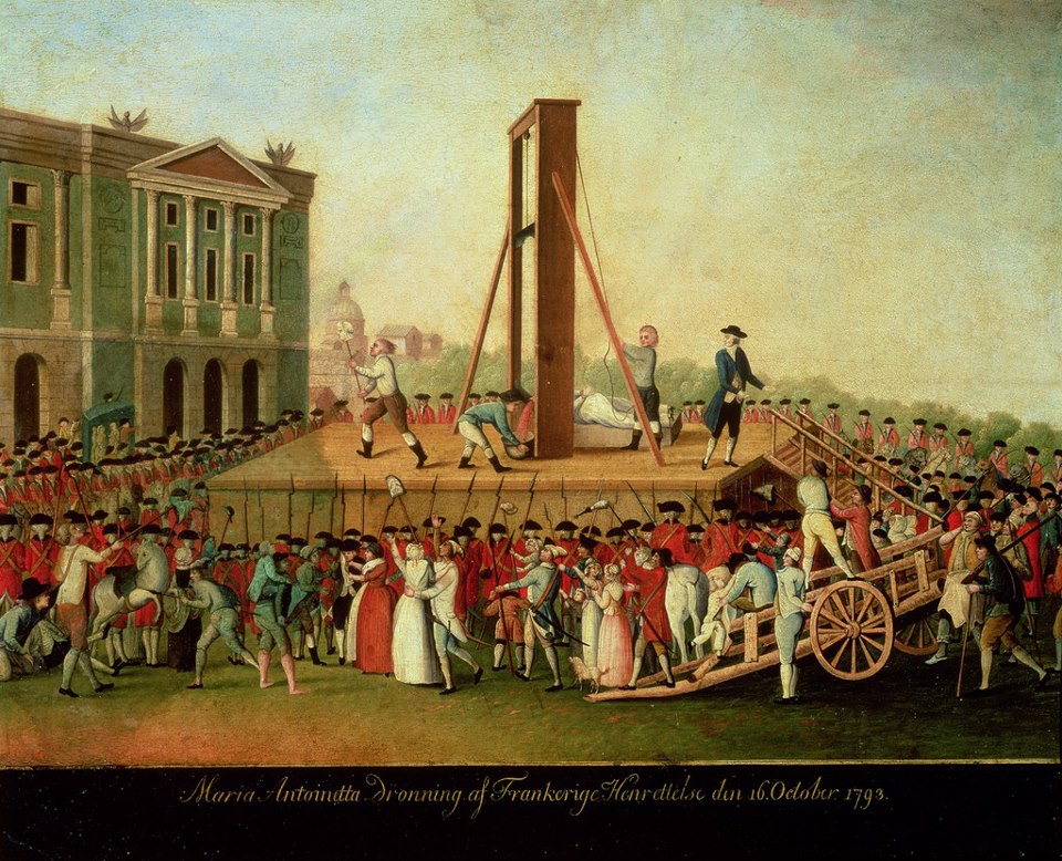 Execution of the last queen of France (Marie Antoinette) by guillotine