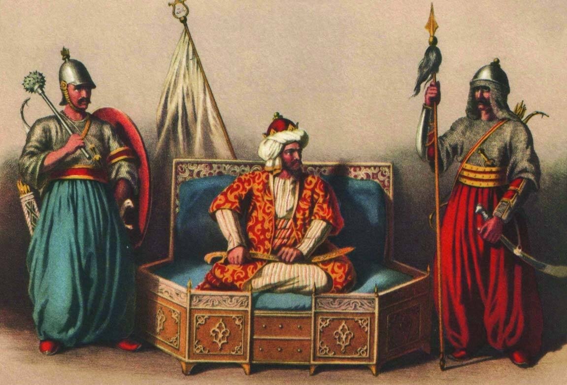 This undated painting shows Osman Ghazi (C) alongside Akçakoca Bey (L) and Konur Alp, early leading commanders of the Ottomans.