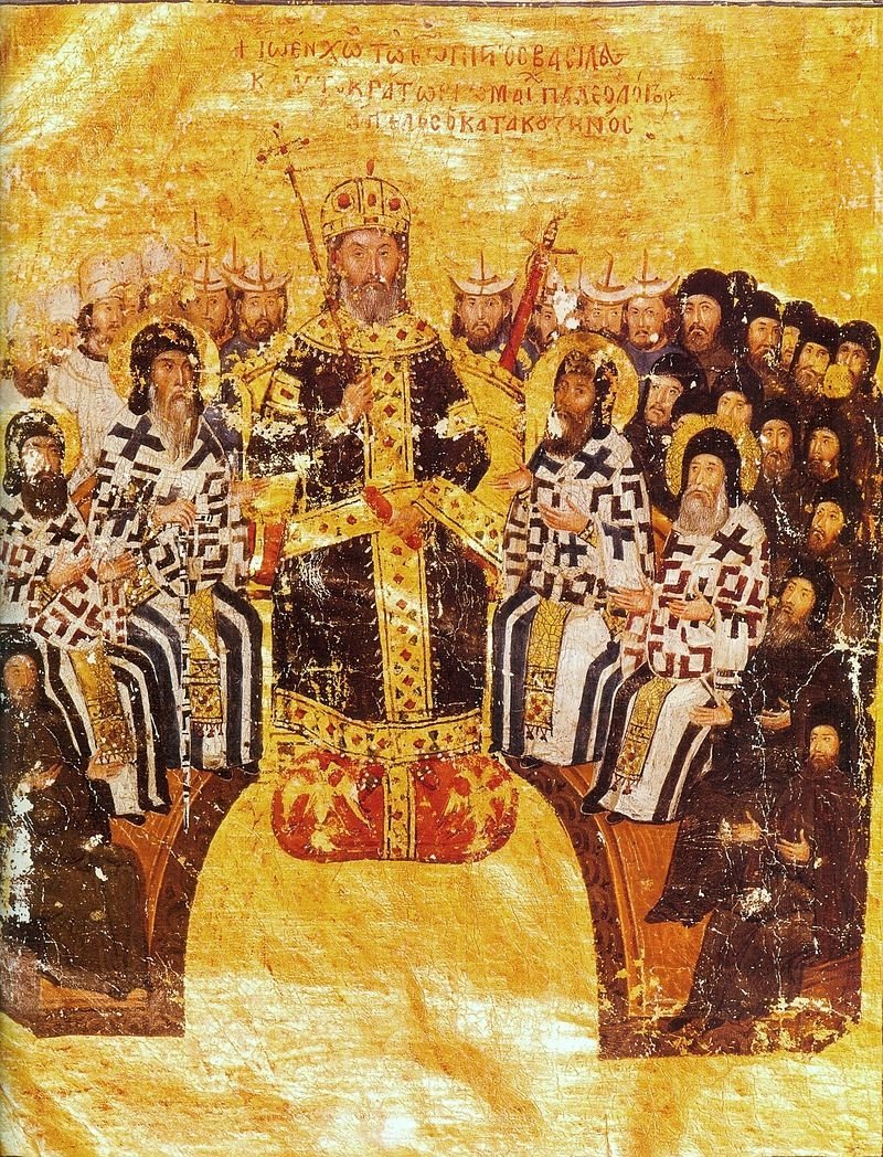 Byzantine Emperor John VI Kantakouzenos presiding over a synod in this painting on parchment.