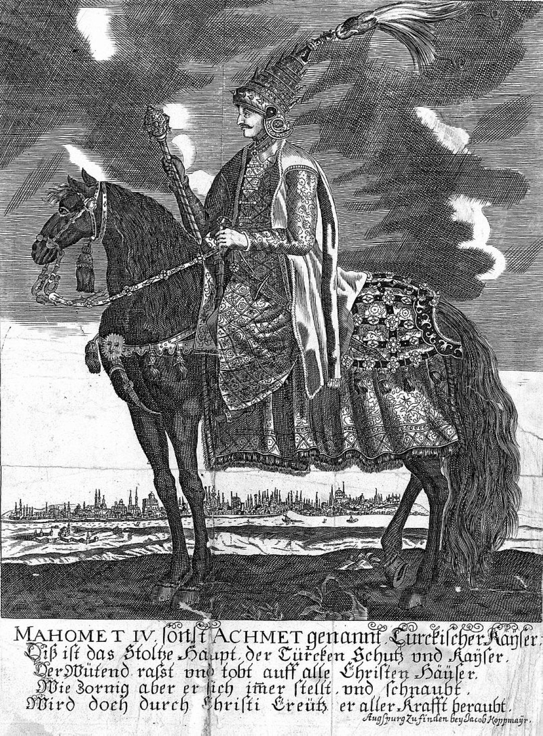 A depiction of Sultan Mehmed IV mounted on a horse.