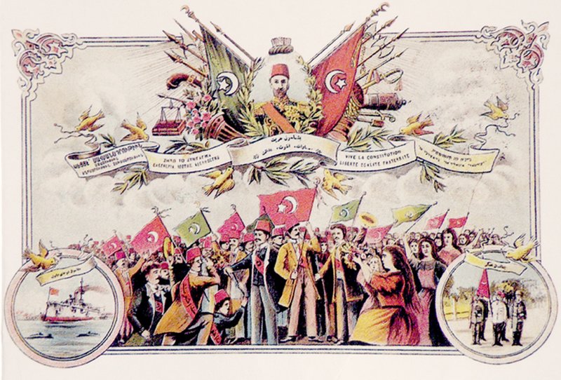A postcard depicting the Constitutional Monarchy of 1908