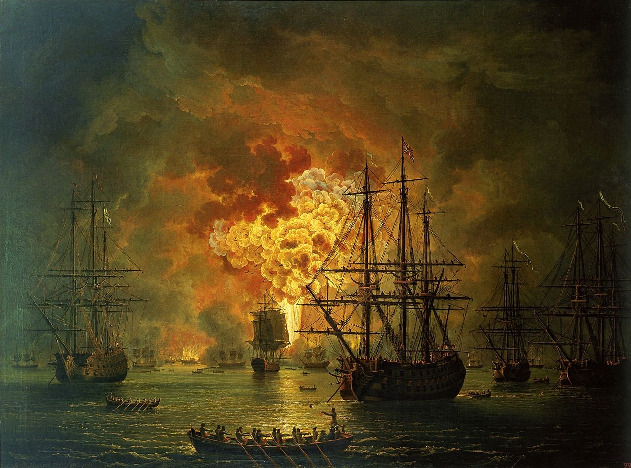 The destruction of the Ottoman fleet in the Battle of Çeşme, 1770.