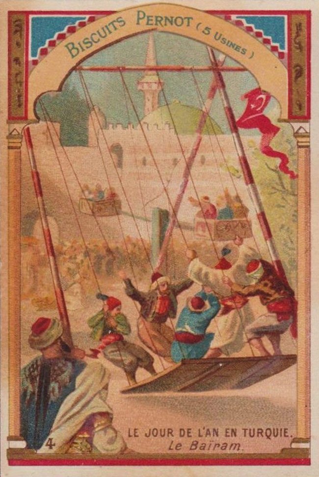 Bayram yerini tasvir eden bir bisküvi kutusu kapağı