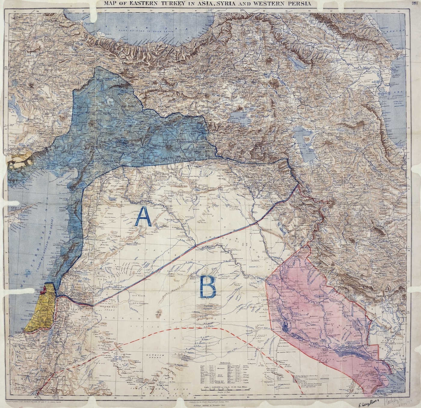 Taksim haritasının altında Sykes ve Picot imzaları 8 Mayıs 1916