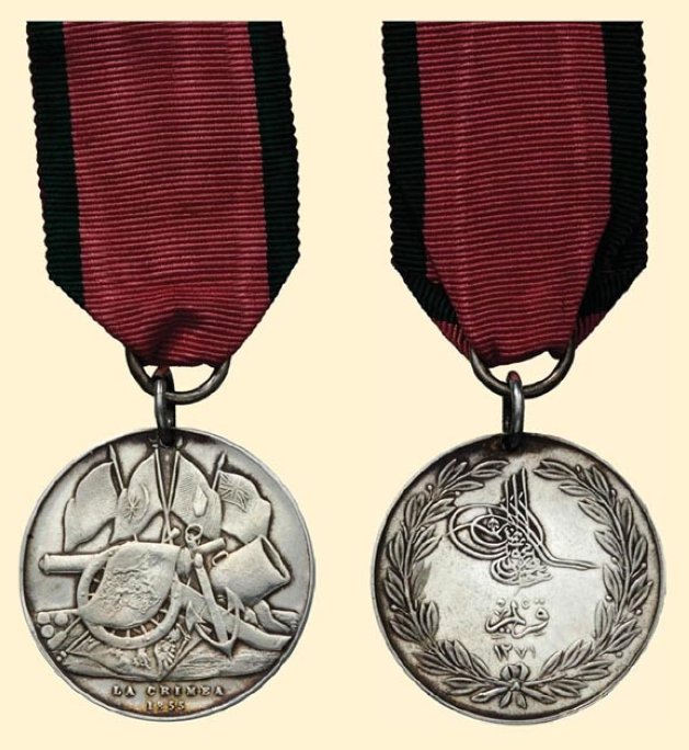 The Crimean War medal issued by Abdülmecid I to British, French and Sardinian allied personnel involved in the Crimean War.