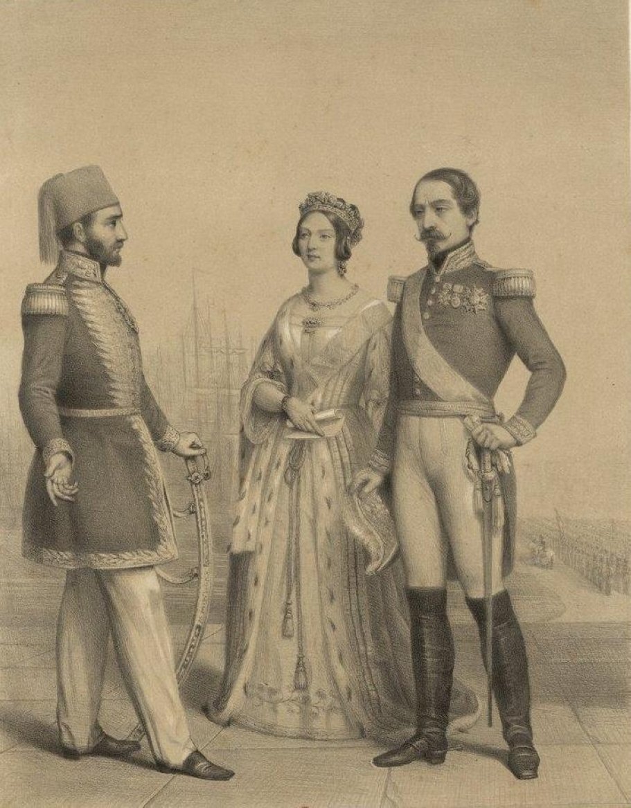 Sultan Abdülmecid (L) with Queen Victoria of the United Kingdom and Emperor Napoleon III of France.
