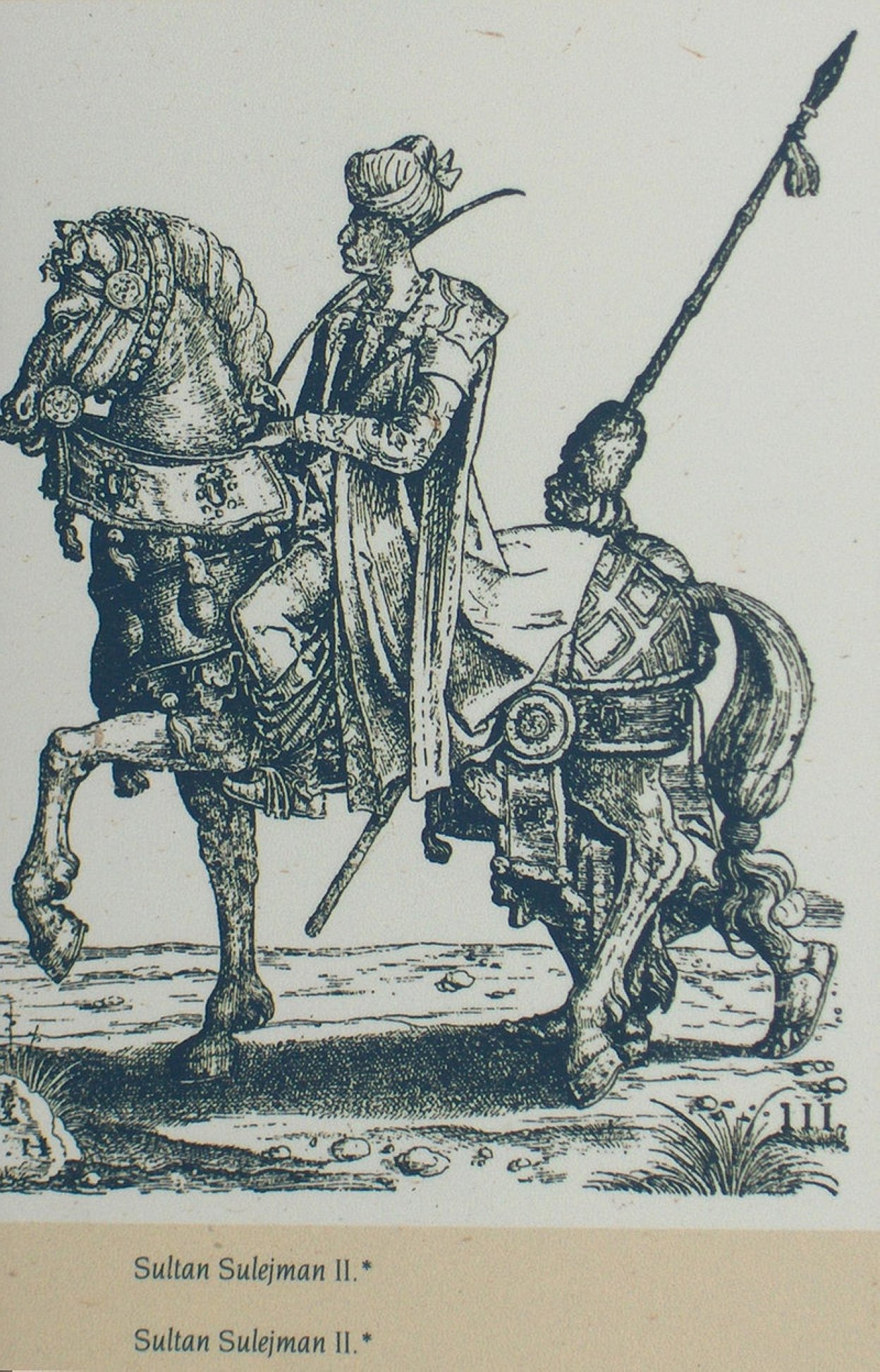 A depiction of Sultan Suleiman II mounted on a horse. 