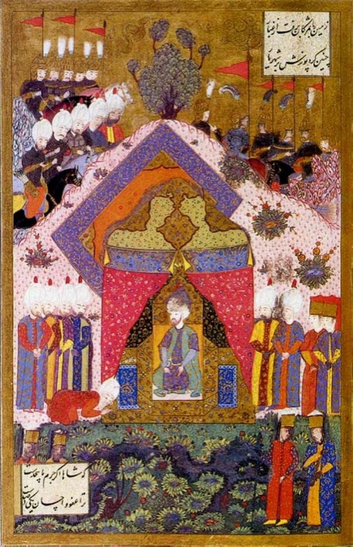 A miniature depicts Sultan Suleiman I while receiving an ambassador.