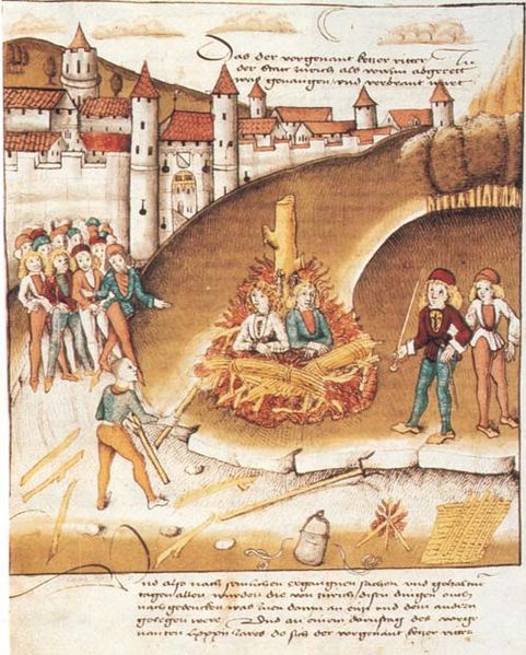 A painting depicting the burning of homosexuals in medieval Europe