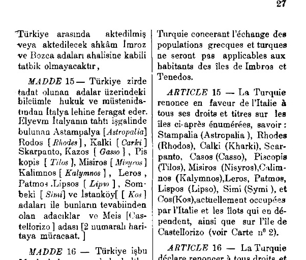 12 Adalara dair Lozan Antlaşması'nın 15.maddesi