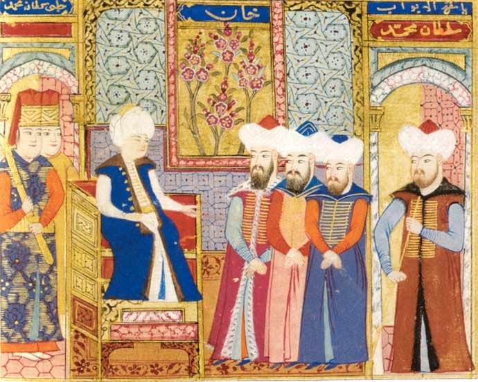 Sultan Mehmed I with his dignitaries in this Ottoman miniature painting, kept at Istanbul University. 