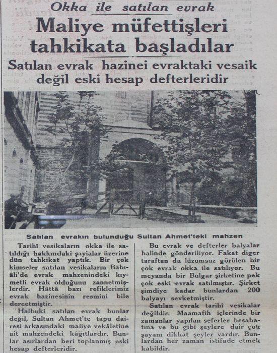 Satılan evrakla alakalı bir gazete haberi